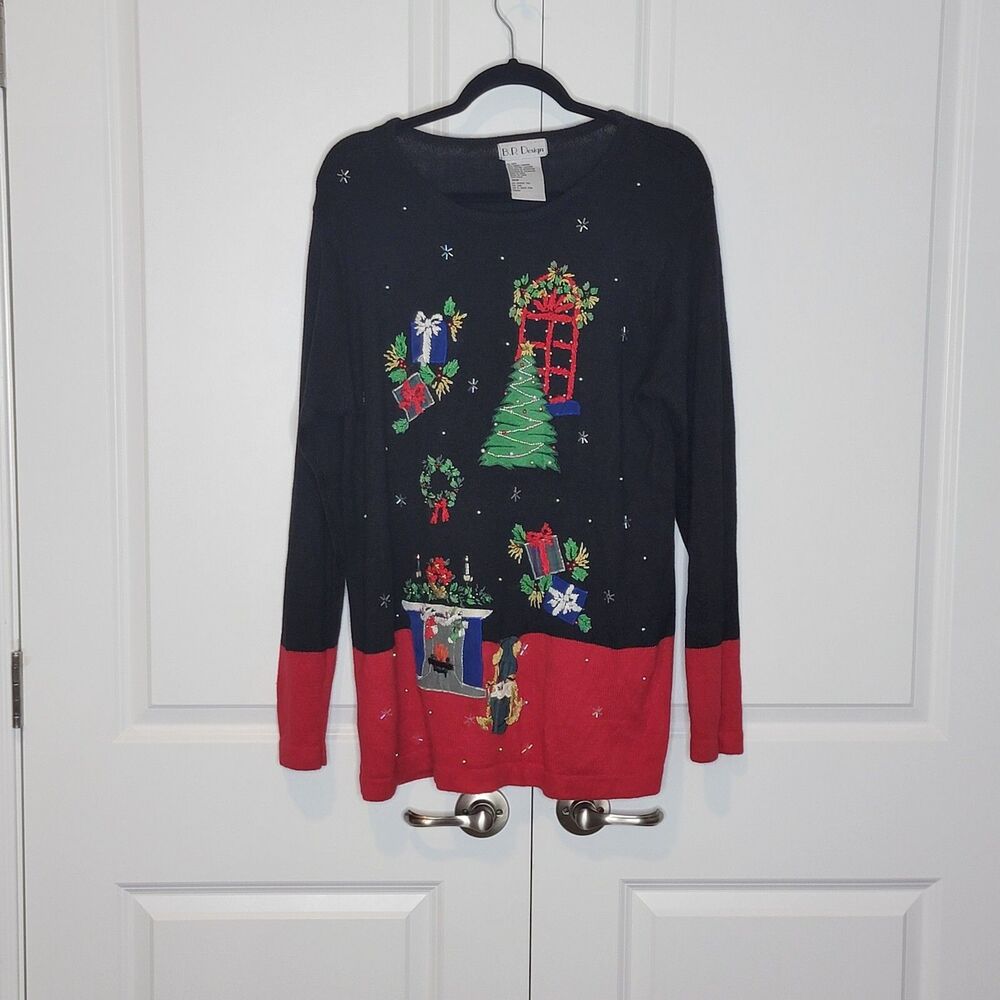 B.P. Designs Women's Size M Sweater Black Red Christmas Holiday 3D Bling